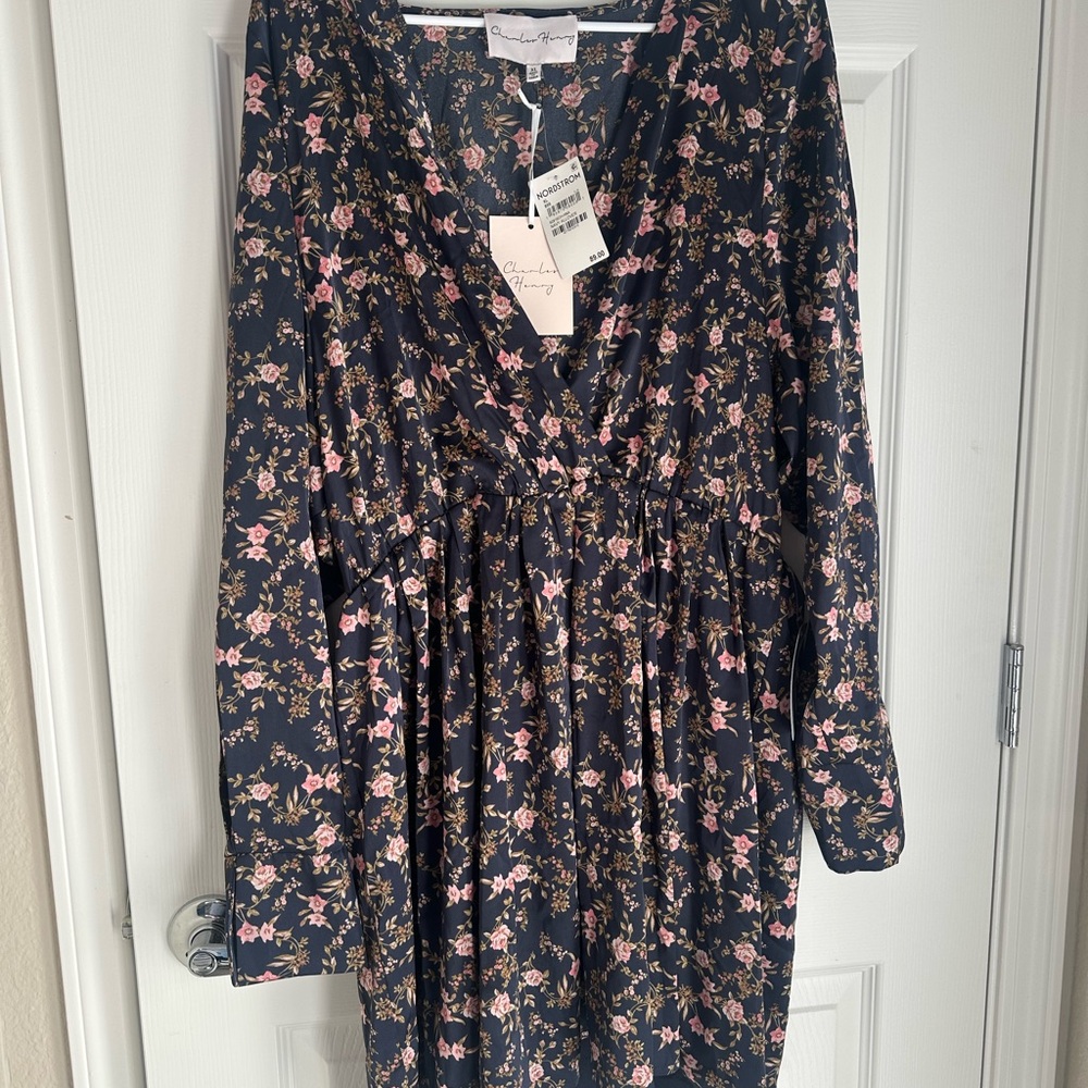 Navy Floral Wrap Dress with Pink Rose Accents